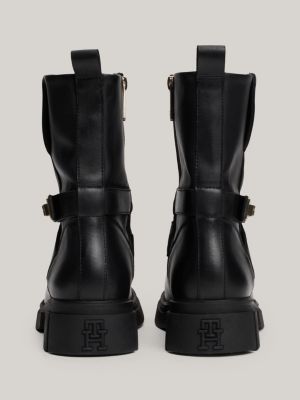 schwarz biker-stiefel aus leder mit klobigem riemen für damen - tommy hilfiger