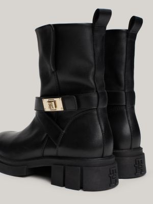 schwarz biker-stiefel aus leder mit klobigem riemen für damen - tommy hilfiger