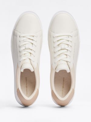 beige leather court trainers for women tommy hilfiger