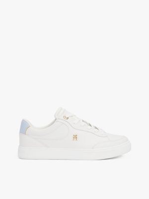 white leren court sneaker met th-monogram voor dames - tommy hilfiger