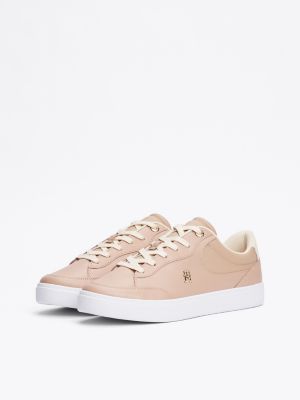 pink th monogram leather court trainers for women tommy hilfiger