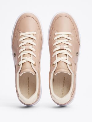 pink leather th monogram court trainers for women tommy hilfiger