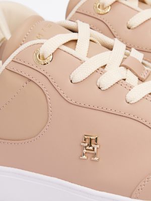 pink th monogram leather court trainers for women tommy hilfiger