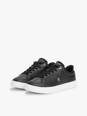 zwart leren court sneaker met th-monogram voor dames - tommy hilfiger