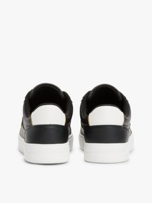 black leather th monogram court trainers for women tommy hilfiger