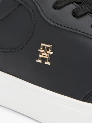 zwart leren court sneaker met th-monogram voor dames - tommy hilfiger