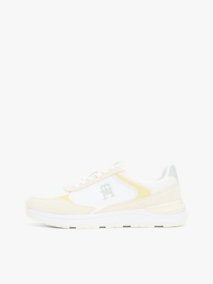 beige colour-blocked th monogram trainers for women tommy hilfiger