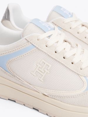 beige colour-blocked th monogram trainers for women tommy hilfiger