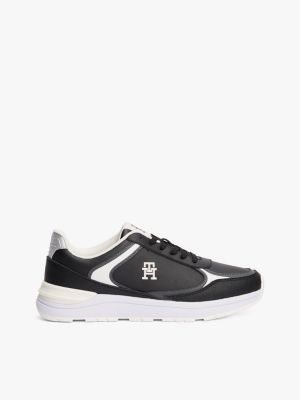 black leren sneaker met th-monogram voor dames - tommy hilfiger