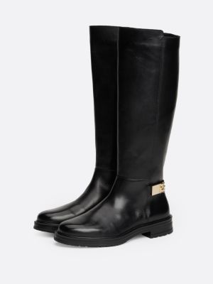 black leather ankle strap high boots for women tommy hilfiger