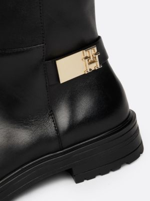 black leather ankle strap high boots for women tommy hilfiger