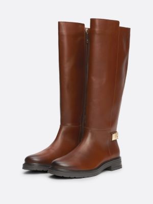 brown leather ankle strap high boots for women tommy hilfiger