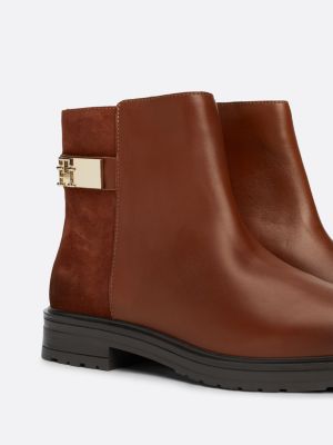 brown mixed texture leather ankle boots for women tommy hilfiger