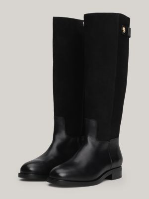 black leather mixed texture knee-high boots for women tommy hilfiger