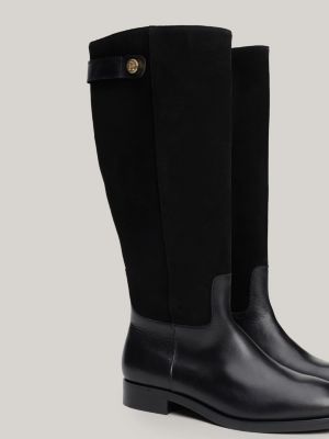 black leather mixed texture knee-high boots for women tommy hilfiger