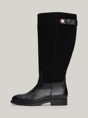 black leather mixed texture knee-high boots for women tommy hilfiger