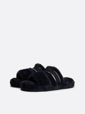 blue faux fur logo slippers for women tommy hilfiger