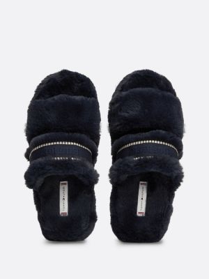 blue faux fur logo slippers for women tommy hilfiger