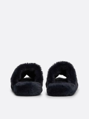 blue faux fur logo slippers for women tommy hilfiger