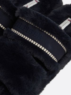 blue faux fur logo slippers for women tommy hilfiger