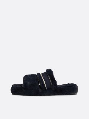 blue faux fur logo slippers for women tommy hilfiger