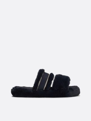 slippers in pelliccia sintetica con logo blu da donne tommy hilfiger