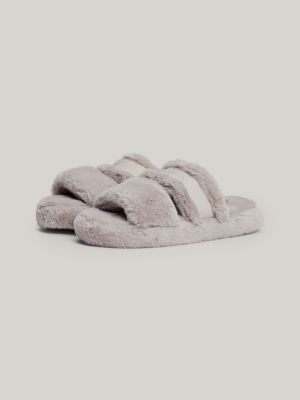 slippers in pelliccia sintetica con logo grigio da donne tommy hilfiger