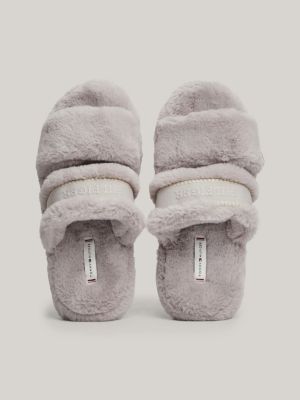 slippers in pelliccia sintetica con logo grigio da donne tommy hilfiger