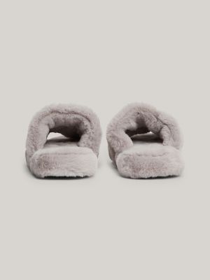 slippers in pelliccia sintetica con logo grigio da donne tommy hilfiger