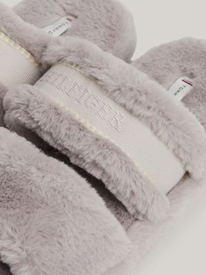 slippers in pelliccia sintetica con logo grigio da donne tommy hilfiger