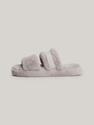 slippers in pelliccia sintetica con logo grigio da donne tommy hilfiger