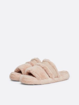 slippers in pelliccia sintetica con logo beige da donne tommy hilfiger