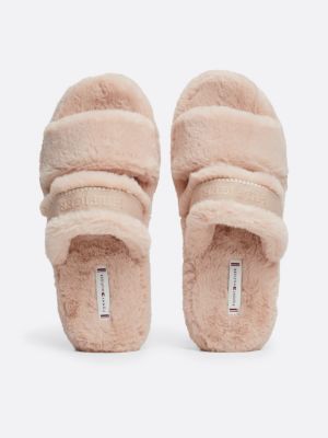 slippers in pelliccia sintetica con logo beige da donne tommy hilfiger