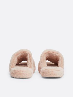 slippers in pelliccia sintetica con logo beige da donne tommy hilfiger