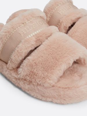 beige faux fur logo slippers for women tommy hilfiger