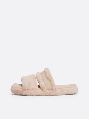 beige faux fur logo slippers for women tommy hilfiger