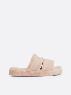 beige faux fur logo slippers for women tommy hilfiger