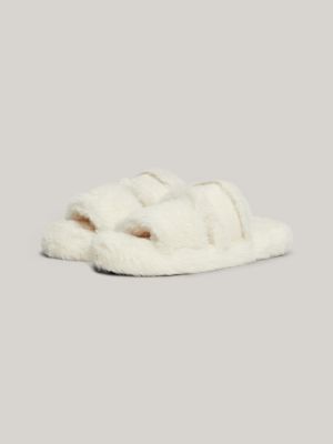 slippers in pelliccia sintetica con logo bianco da donne tommy hilfiger