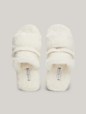 white faux fur logo slippers for women tommy hilfiger