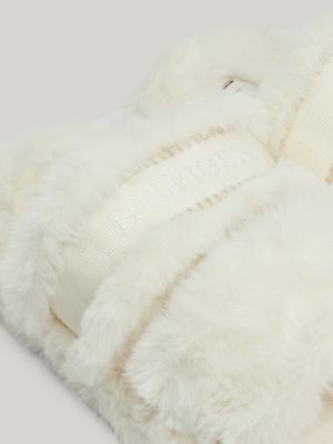 white faux fur logo slippers for women tommy hilfiger