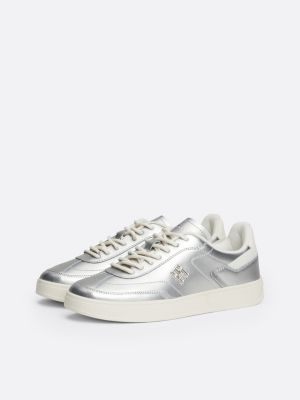 grey heritage metallic leather trainers for women tommy hilfiger