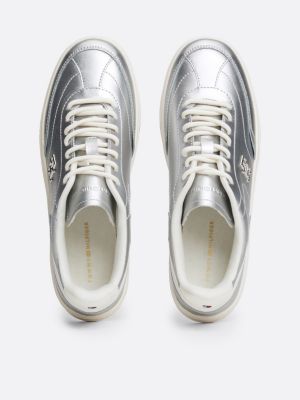 grey heritage metallic leather trainers for women tommy hilfiger