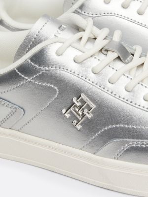 grey heritage metallic leather trainers for women tommy hilfiger