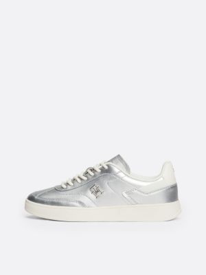 grey heritage metallic leather trainers for women tommy hilfiger