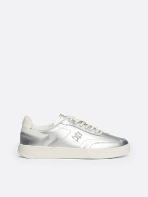 grey heritage metallic leather trainers for women tommy hilfiger