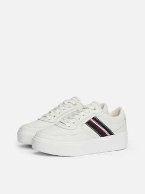 white signature tape leather flatform trainers for women tommy hilfiger