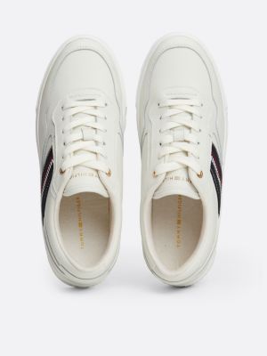 white signature tape leather flatform trainers for women tommy hilfiger