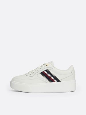 white signature tape leather flatform trainers for women tommy hilfiger