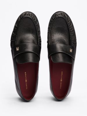 black th monogram leather pleated loafers for women tommy hilfiger