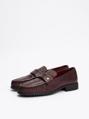 brown th monogram leather pleated loafers for women tommy hilfiger